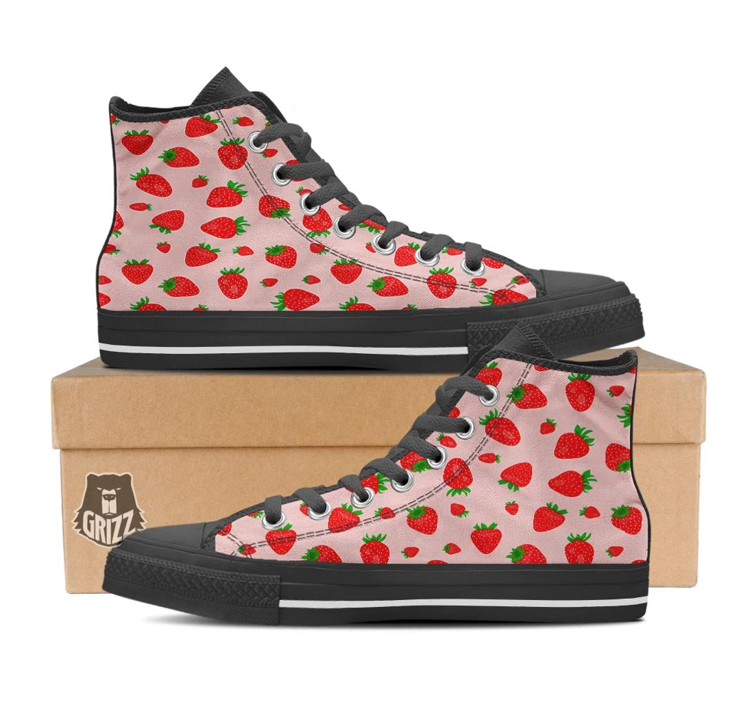 Strawberry Red Print Pattern Black High Top Shoes