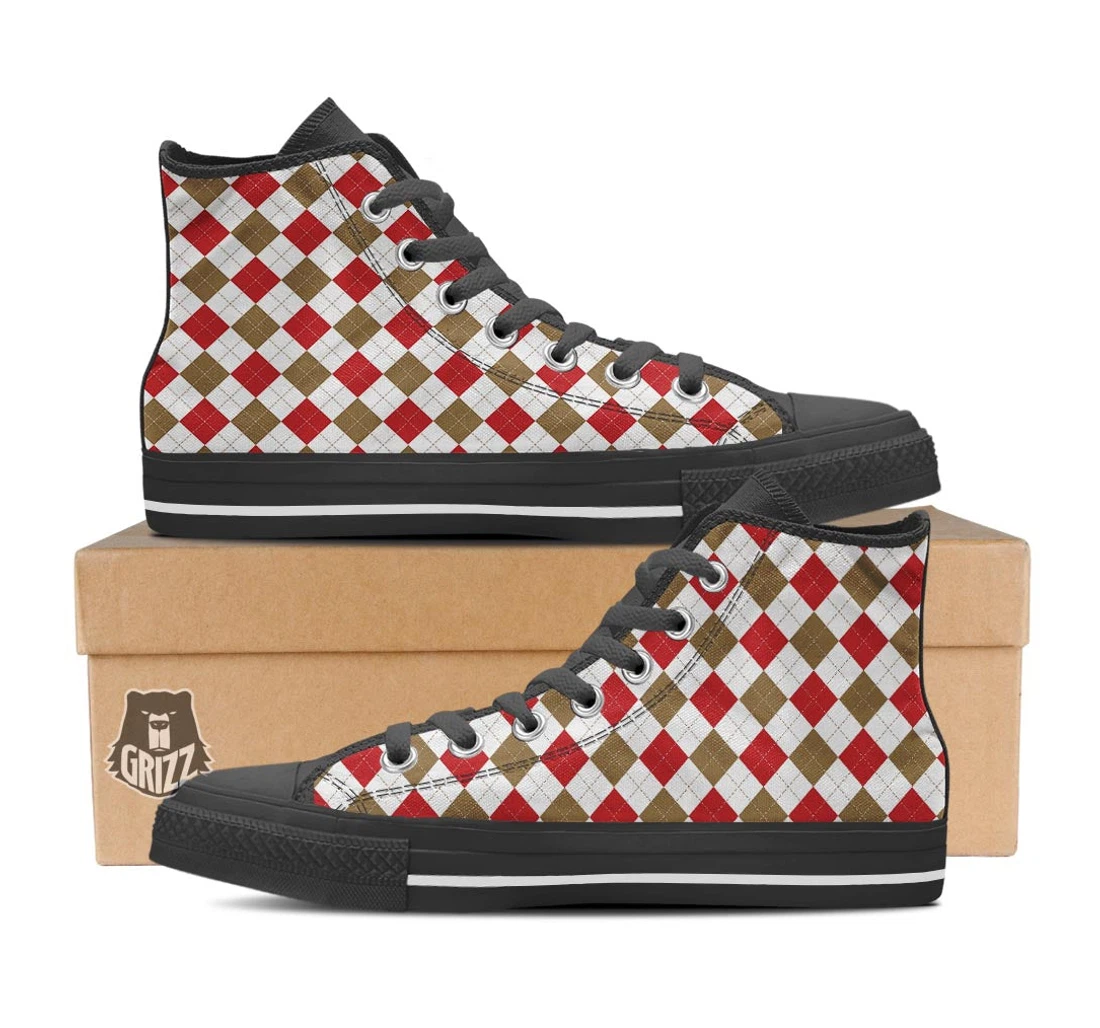 White Red And Beige Argyle Print Pattern Black High Top Shoes