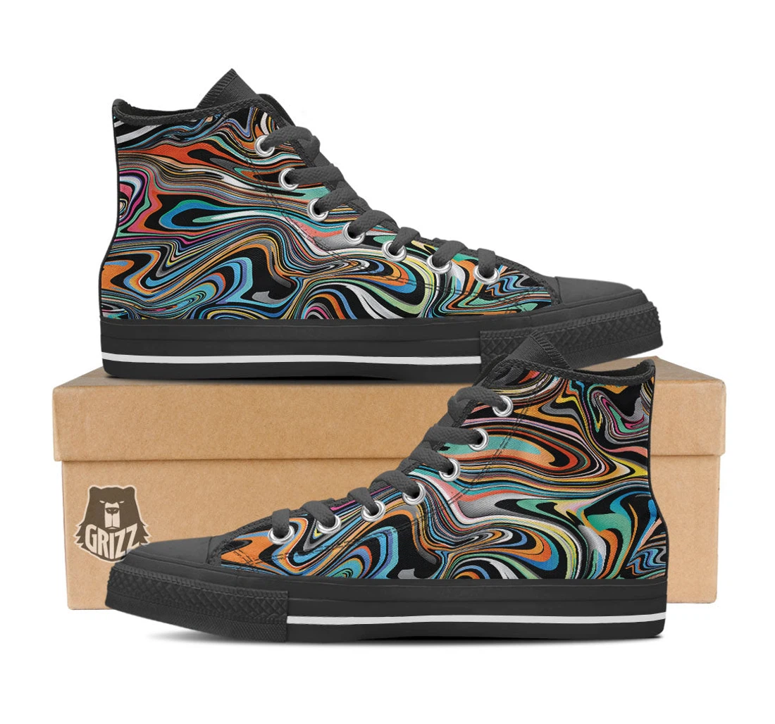 Wavy Psychedelic Print Pattern Black High Top Shoes