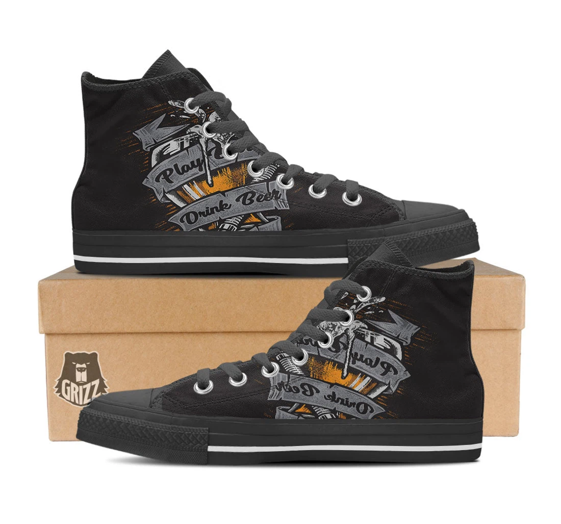 Play Dart Drink Beer Print Black High Top Shoes
