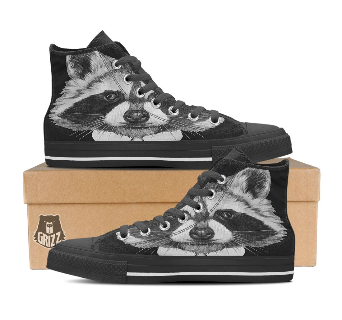 Portrait Raccoon Print Black High Top Shoes