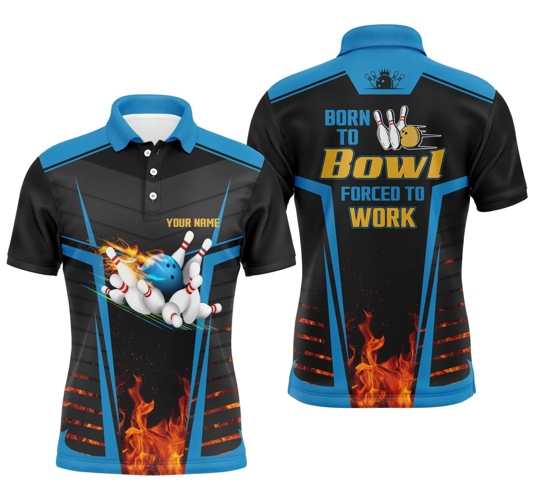 Personalized Bowling Custom Name Born To Bowl Forced To Work Flame Bowlers Blue Nqs - Polo Shirt