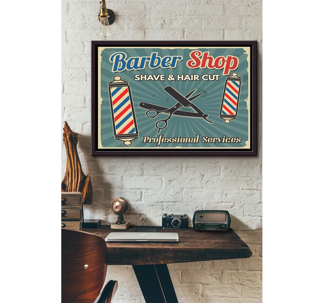 Poster, Canvas - Barber Shop Shave And Hair Cut Professional Services N Matte Print Framed Wall Art