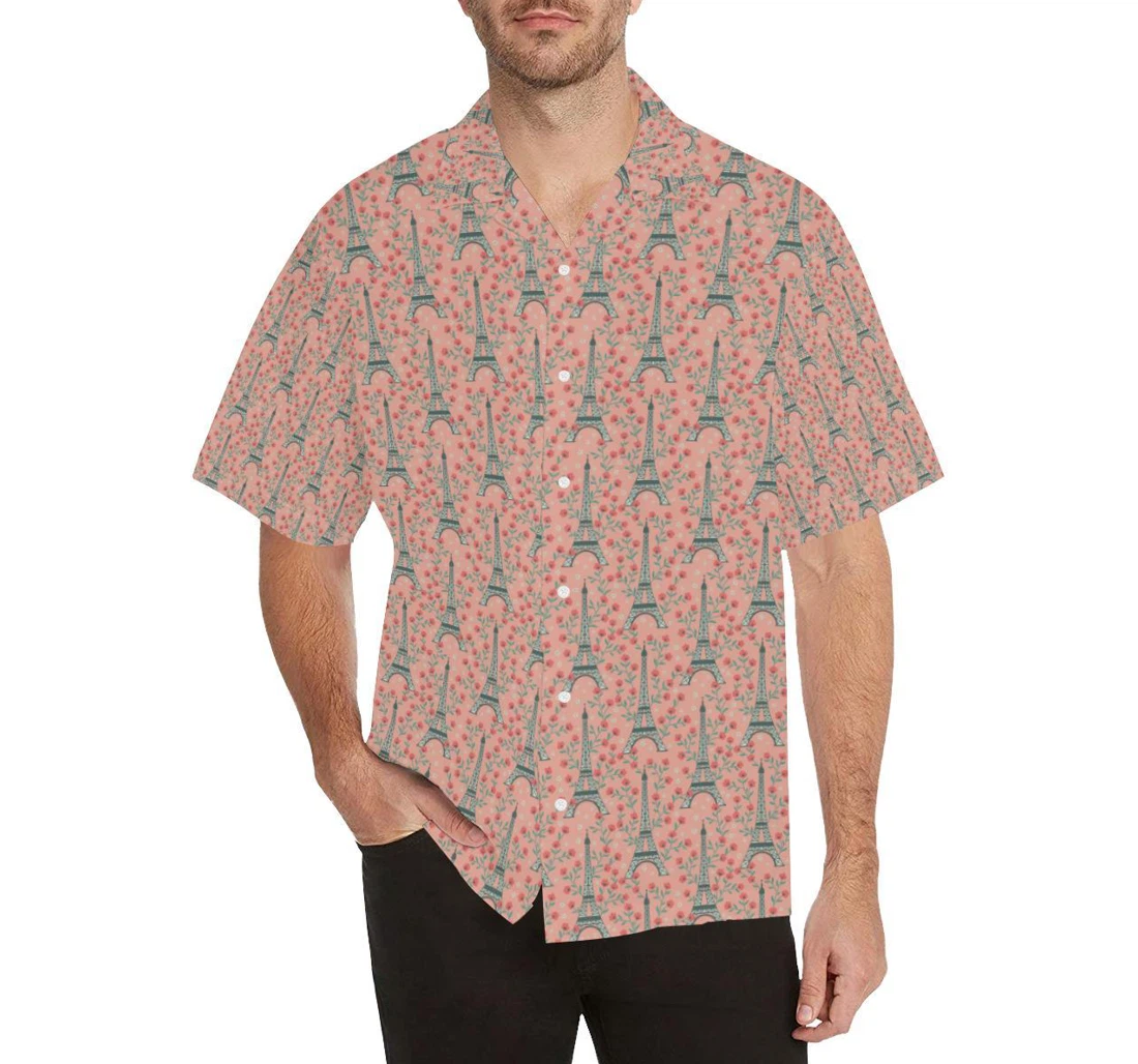 Personalized Eiffel Tower Flower Background Pattern Desig S Hawaiian Shirt, Button Up Aloha Shirt For Men, Women