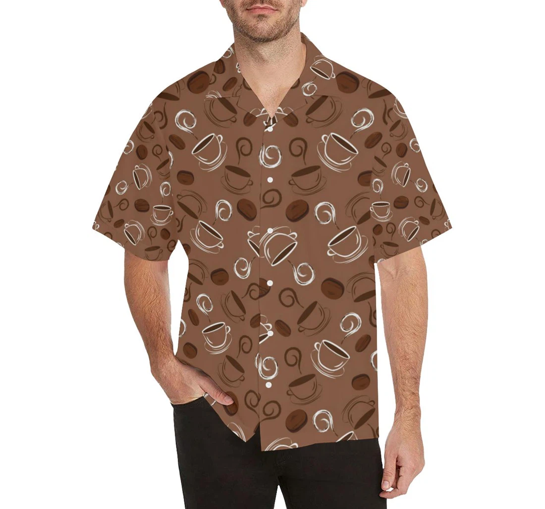 Personalized Coffee Cup And Coffe Bean Pattern S Hawaiian Shirt, Button Up Aloha Shirt For Men, Women