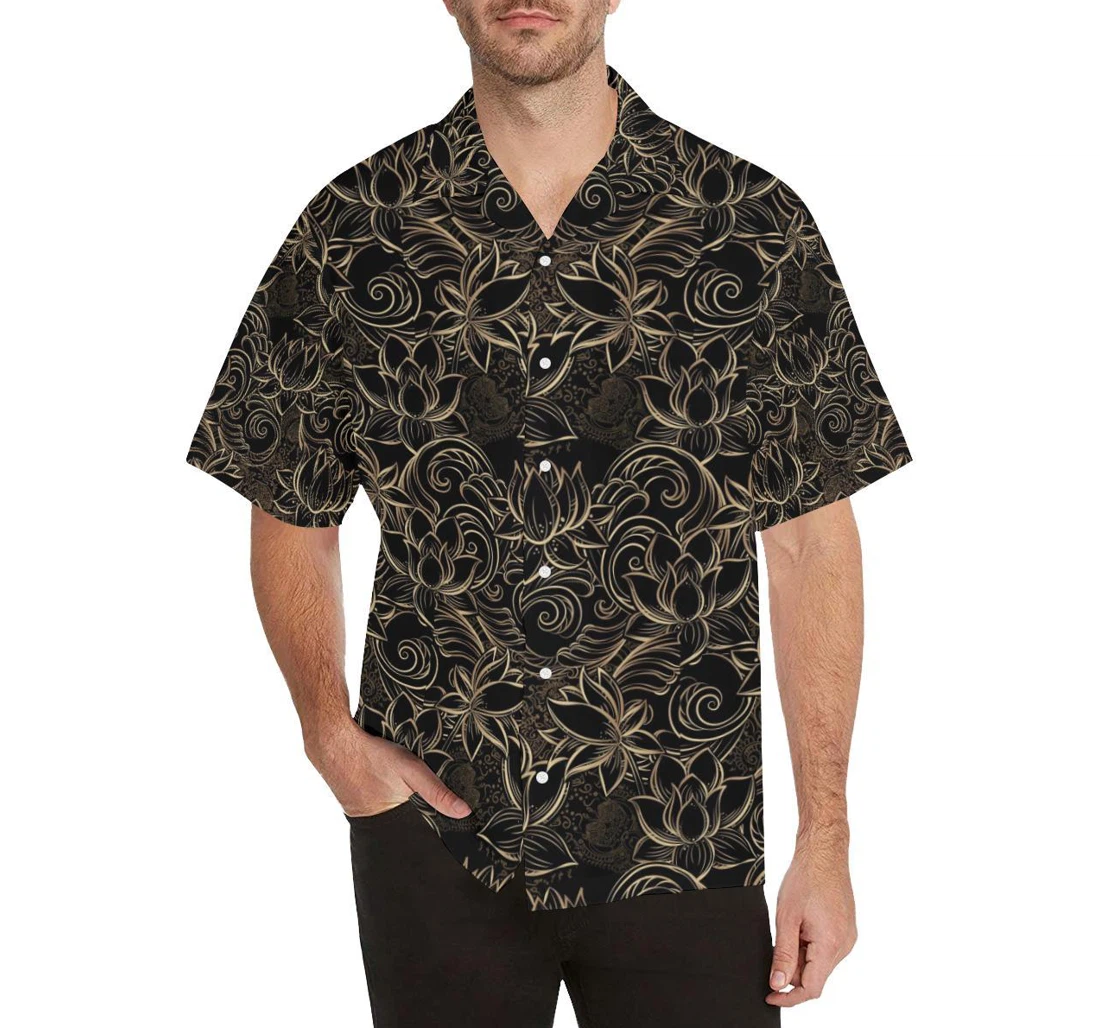 Personalized Luxurious Gold Lotus Waterlily Black Background S Hawaiian Shirt, Button Up Aloha Shirt For Men, Women