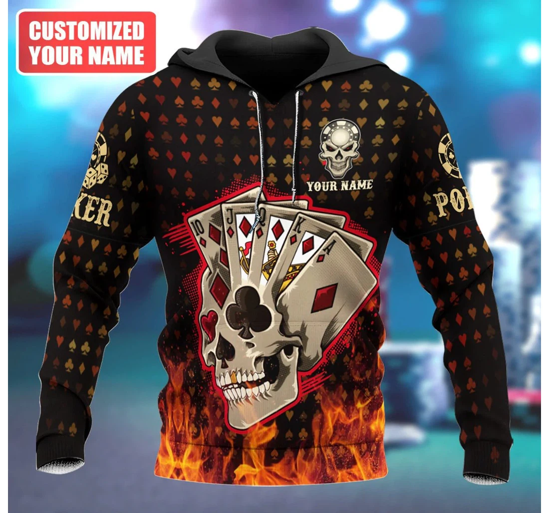 Personalized Name Skull Poker Skull Poker Fire Pattern Love Poker Poker - 3D Printed Pullover Hoodie