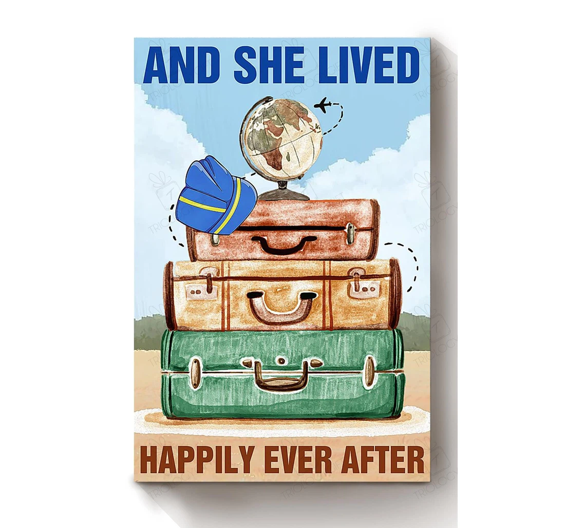 Poster, Canvas - And She Lived Happily Ever After Flight Attendant Airplane Pilot S Print Framed Wall Art