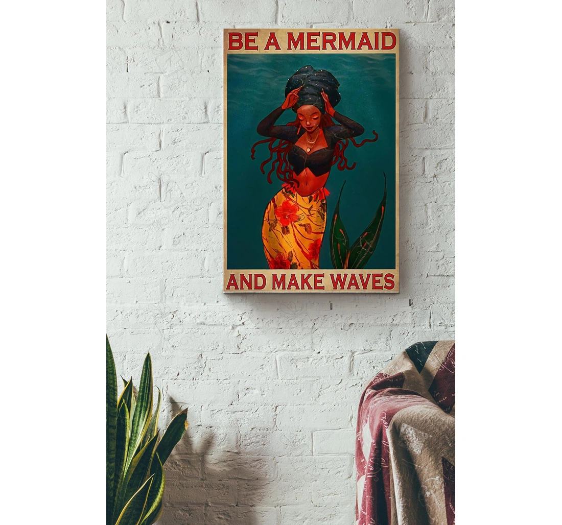 Poster, Canvas - Be A Mermaid And Make Waves Vintage Mermaid Fairy Tales Lover Girls Bff Gallery Idea S Print Framed Wall Art