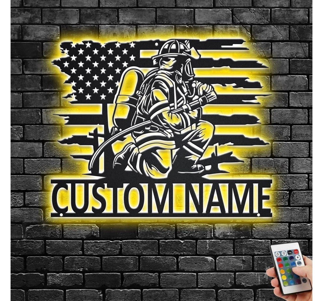 Personalized Metal Sign - Custom Us Fire Fighter With Or Without Led Lighting Light V Personalized Fireman Name Room Firefighter Led MonoGram