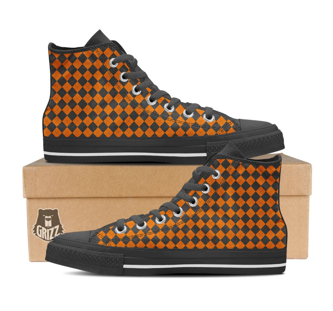 Halloween Argyle Grey And Orange Print High Top Shoes