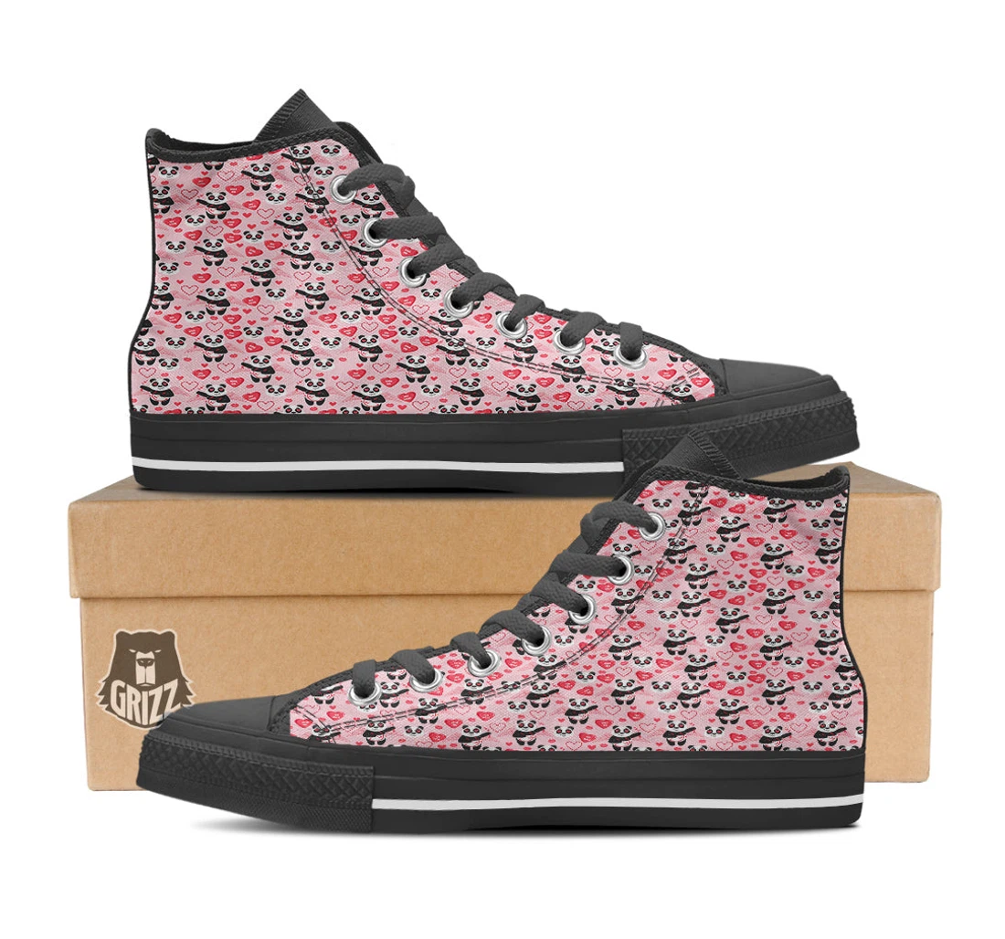 Cupid Valentine Cute Panda Print Pattern Black High Top Shoes