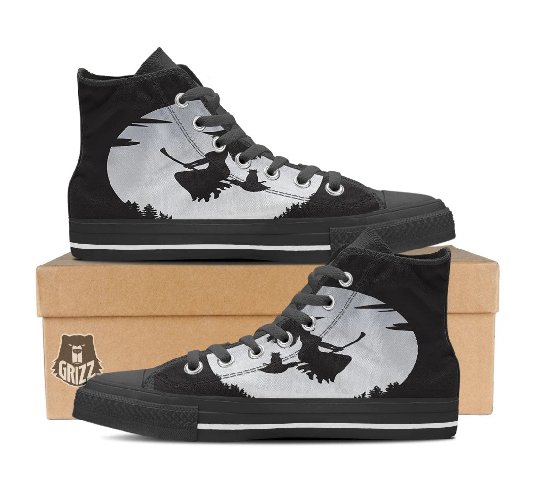 Flying Witch Cat Halloween Print High Top Shoes