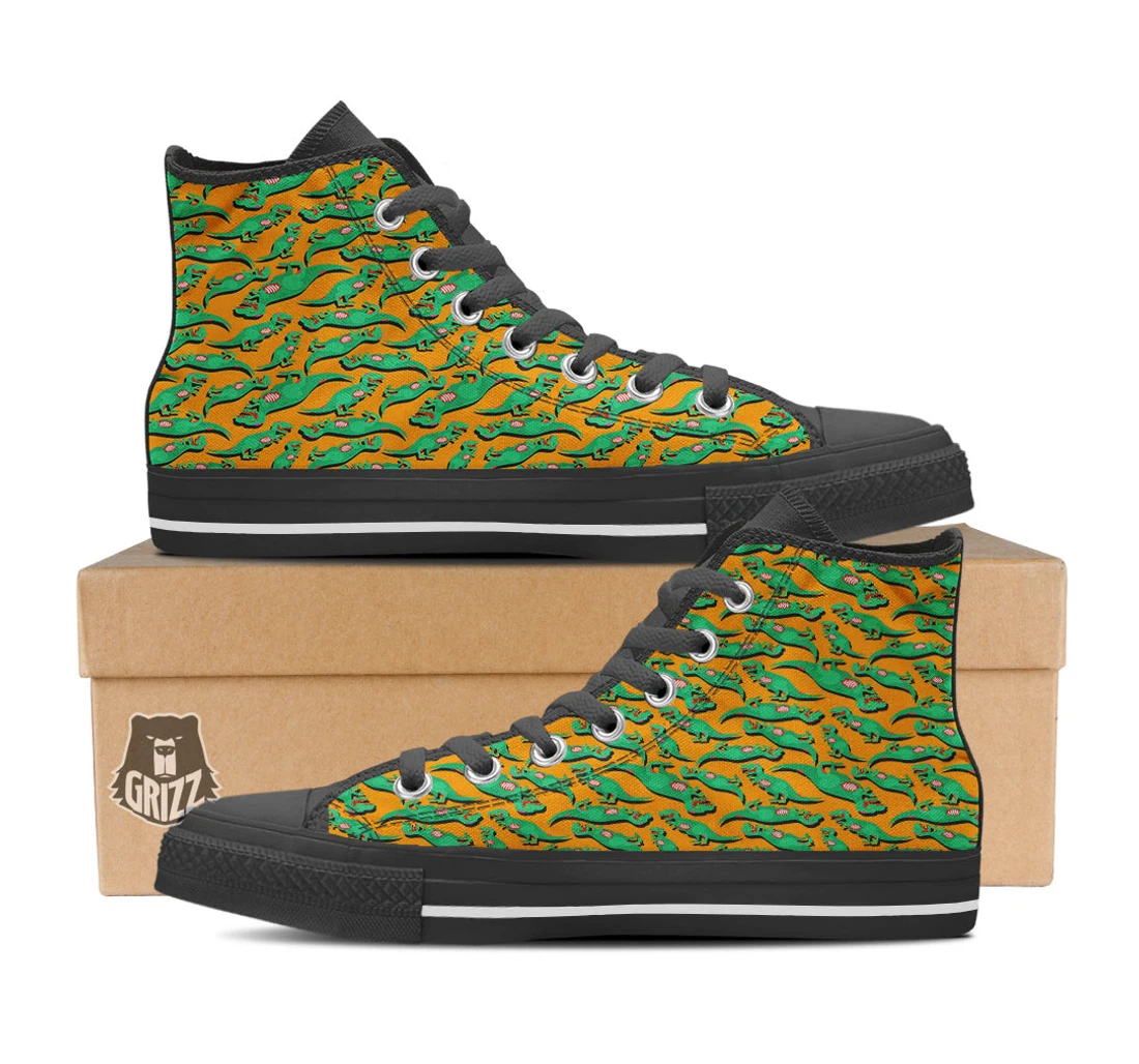 Halloween Cute Dino Print Pattern Black High Top Shoes