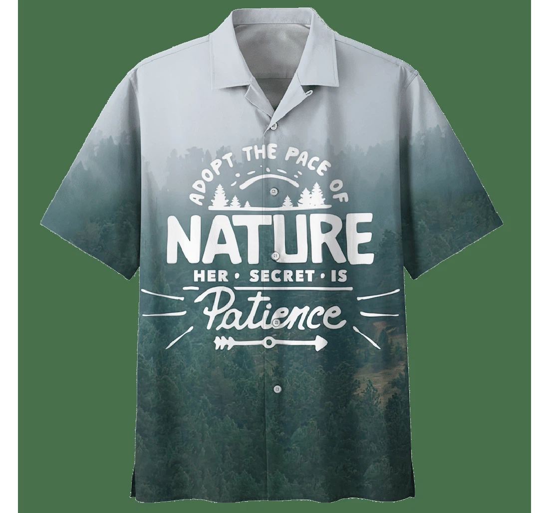 Personalized Adopt The Pace Of Nature Her Secret Is Patience Camping Hawaiian Shirt, Button Up Aloha Shirt For Men, Women