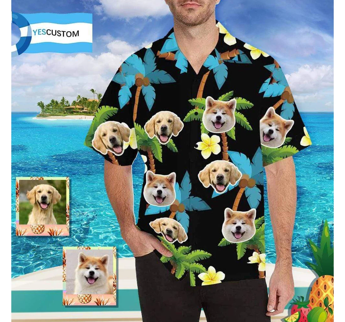 Personalized Custom Face Pet Blue Coconut Tree S Hawaiian Shirt, Button Up Aloha Shirt For Men, Women