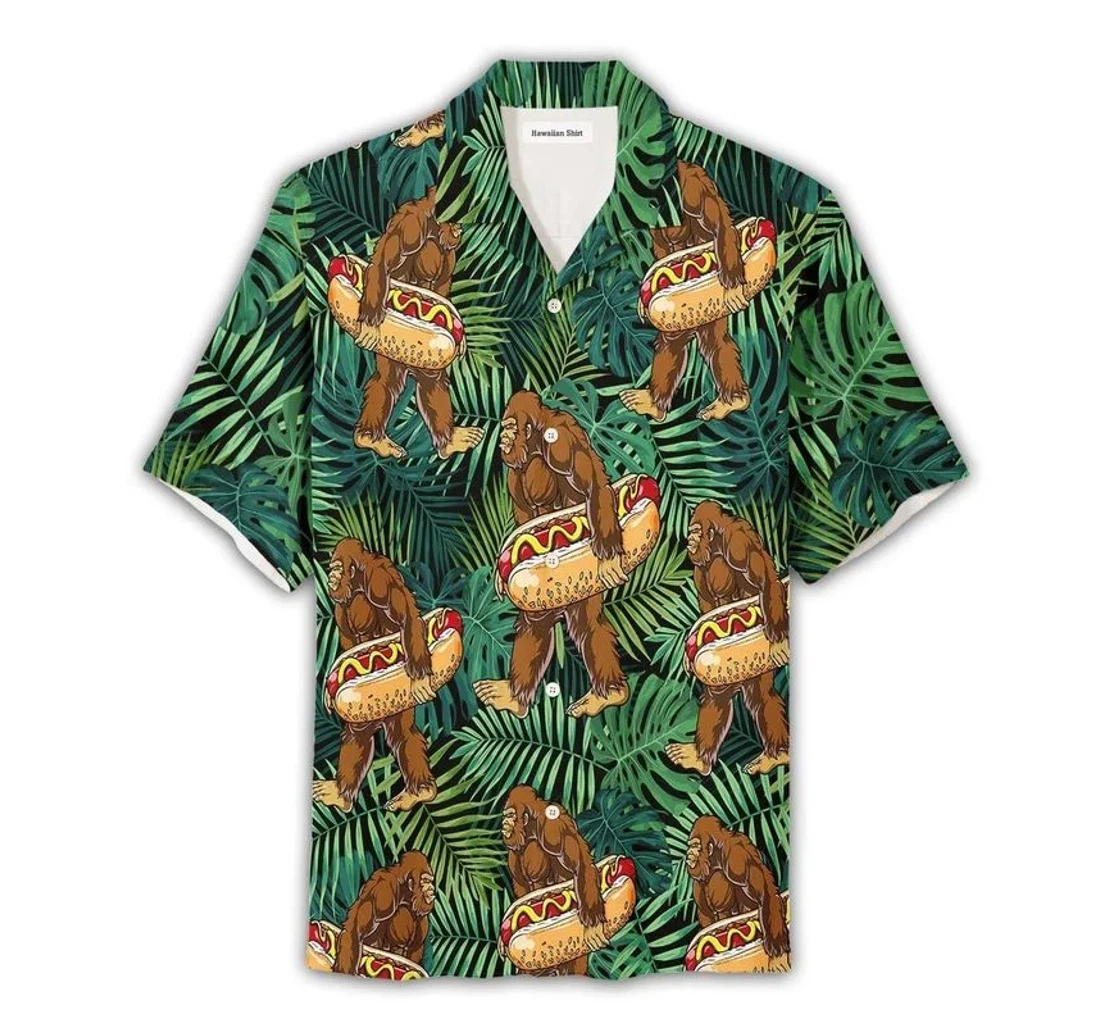 Personalized Bigfoot Carrying Hotdog Hawaiian Shirt, Button Up Aloha Shirt For Men, Women