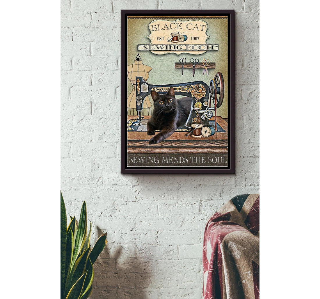 Poster, Canvas - Sewing Mends The Soul Black Cat Sewing Girl Black Cat Lover Sewing Shop Sewing Matte S Print Framed Wall Art