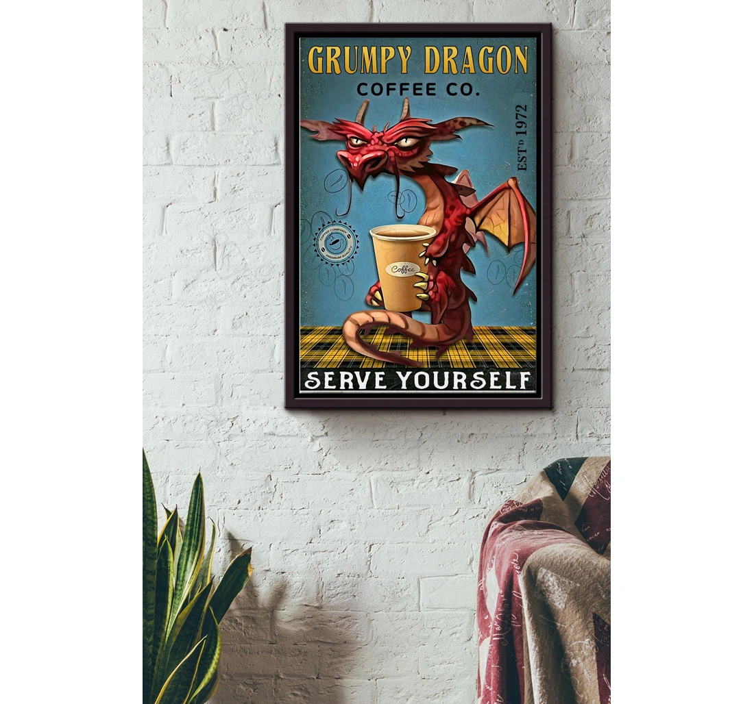 Poster, Canvas - Grumpy Dragon And Cofee Co Serve Yourself Dragon Lover Fairy Tales Lover Coffee Shop Cafe Matte S Print Framed Wall Art