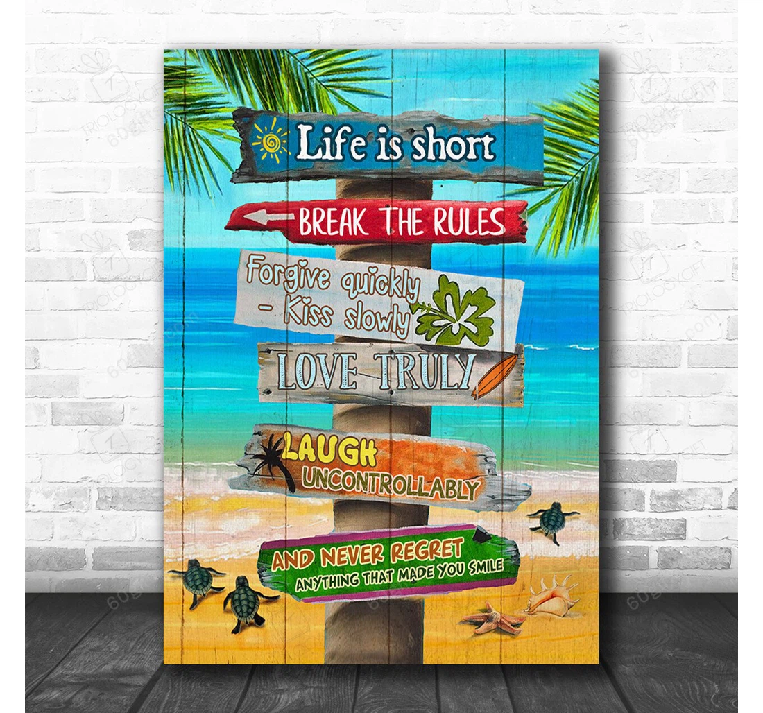 Poster, Canvas - Life Is Short Sign Turtle Coastal Print Framed Wall Art