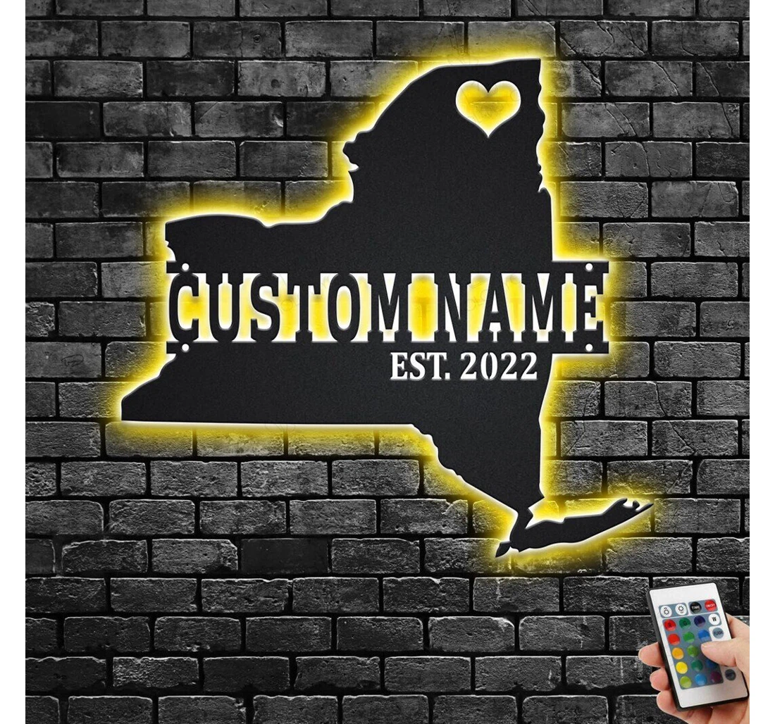 Personalized Metal Sign - Custom New York Map With Or Without Led Lighting Light Personalized New York State Name Room Born In New York Led MonoGram