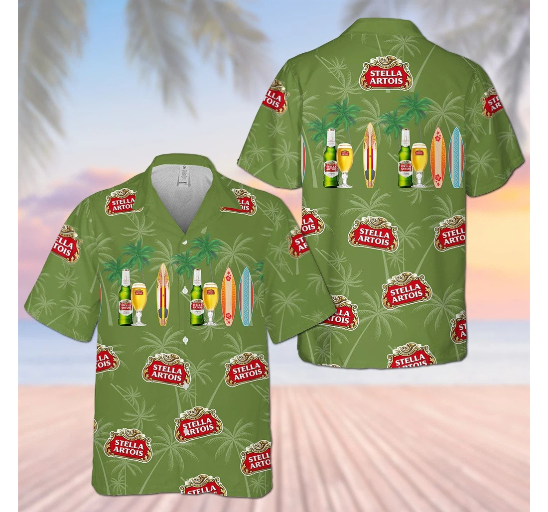 Personalized Stella Artois Palm Tree D Hawaiian Shirt, Button Up Aloha Shirt For Men, Women
