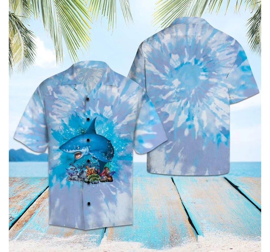 Personalized Shark Blue Tie Dye Blue Amazing Design Hawaiian Shirt, Button Up Aloha Shirt For Men, Women