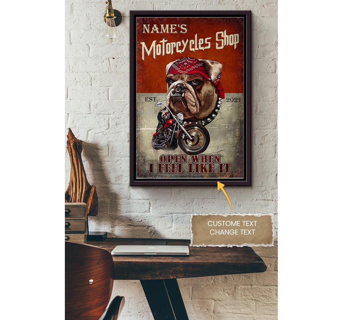 Poster, Canvas - Motorcycles Shop Personalized Dog Lover Dog Foster Puppy Fan Motorcycles Shop Matte S Print Framed Wall Art