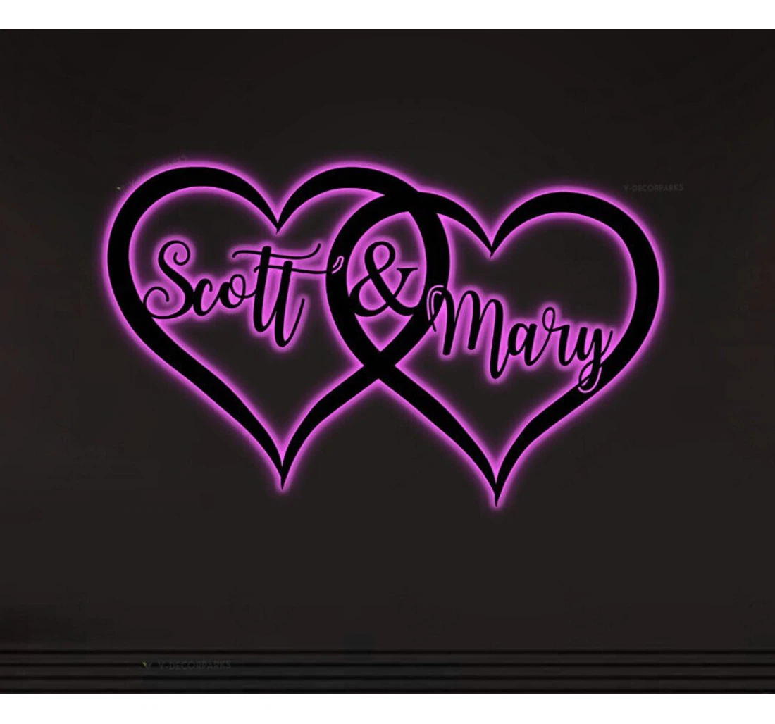 Personalized Metal Sign - Custom Double Heart Valentines With Or Without Led Lighting Rgb Lights Personalized Double Heart Valentines Name Valentine MonoGram