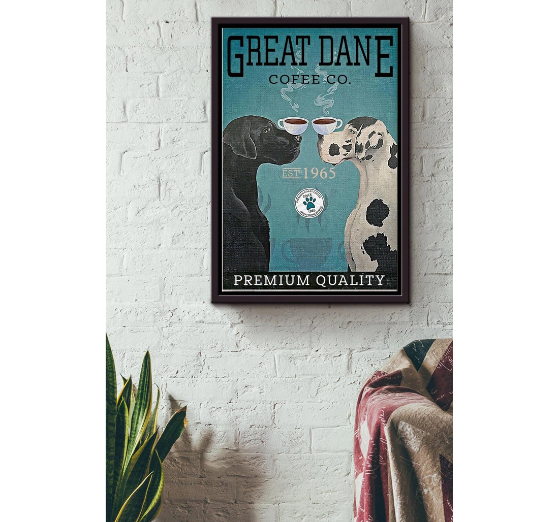 Poster, Canvas - Great Dane And Cofee Co Premium Quality Dog Lover Dog Mom Coffee Shop Cafe Matte S Print Framed Wall Art