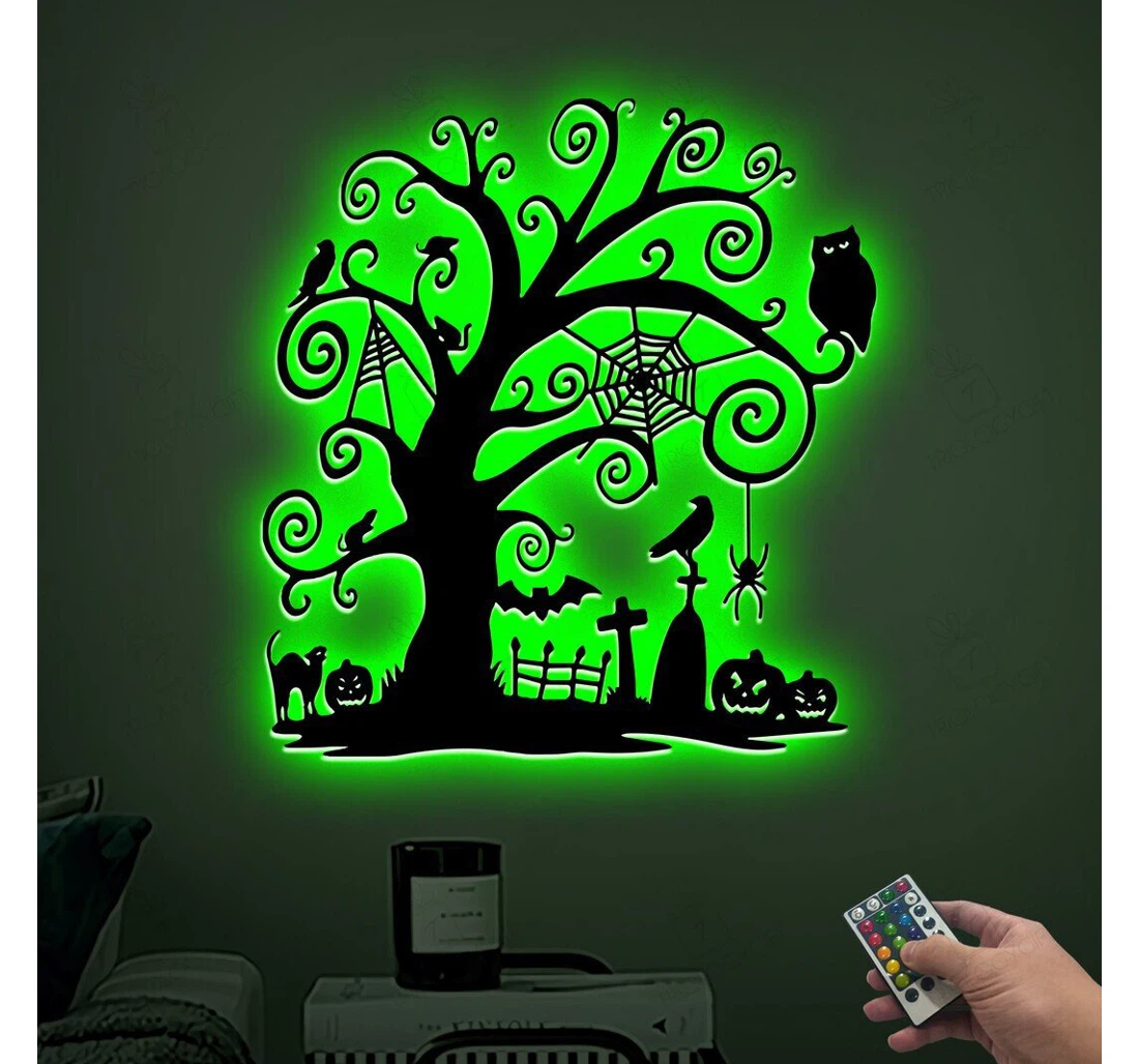 Personalized Metal Sign - Personalized Halloween Spooky Tree Led Lights Creepy Scary Tree Sleepy Hollow Tree Halloween Pumpkin MonoGram