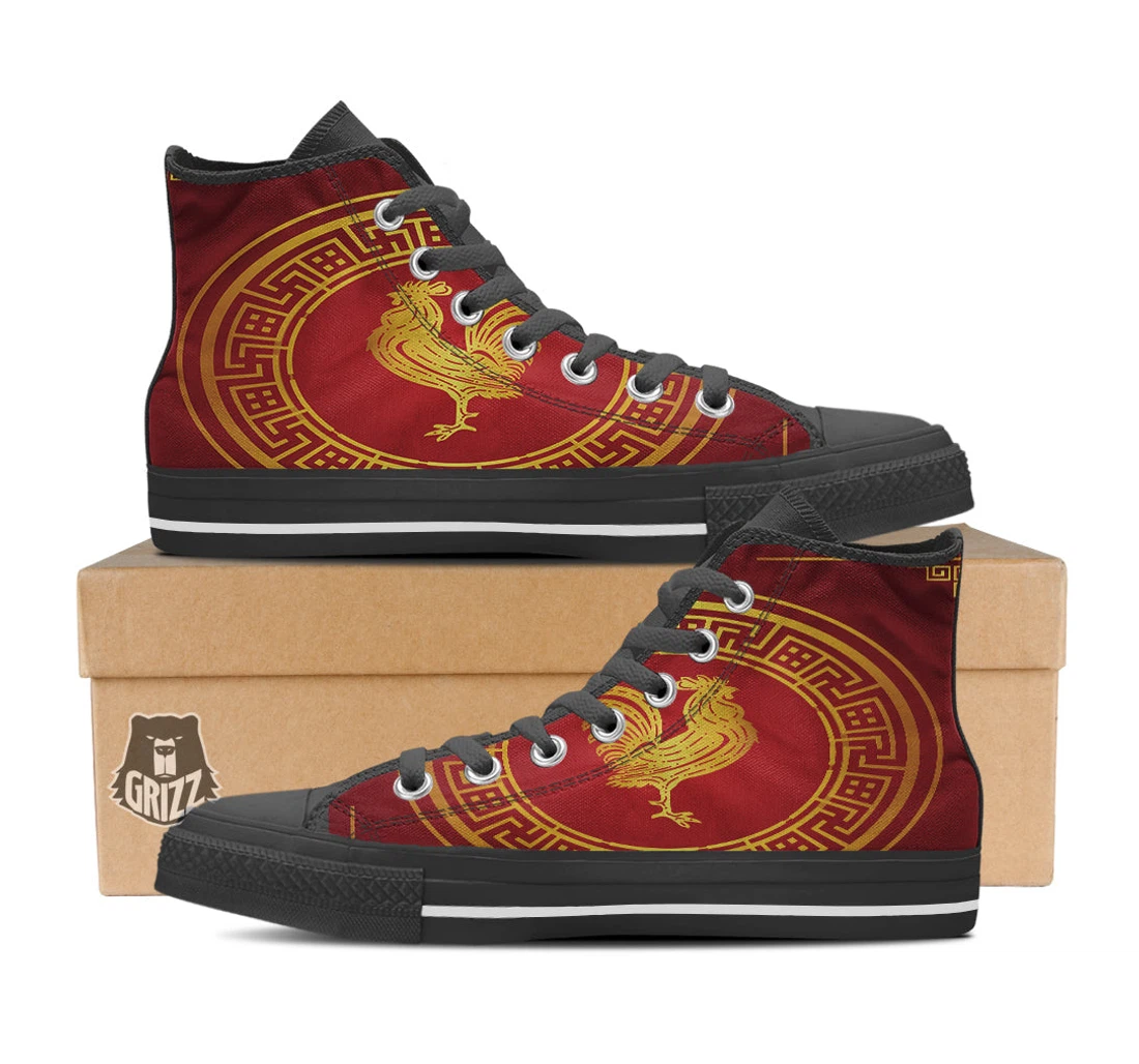 Chinese New Year Rooster Print Black High Top Shoes