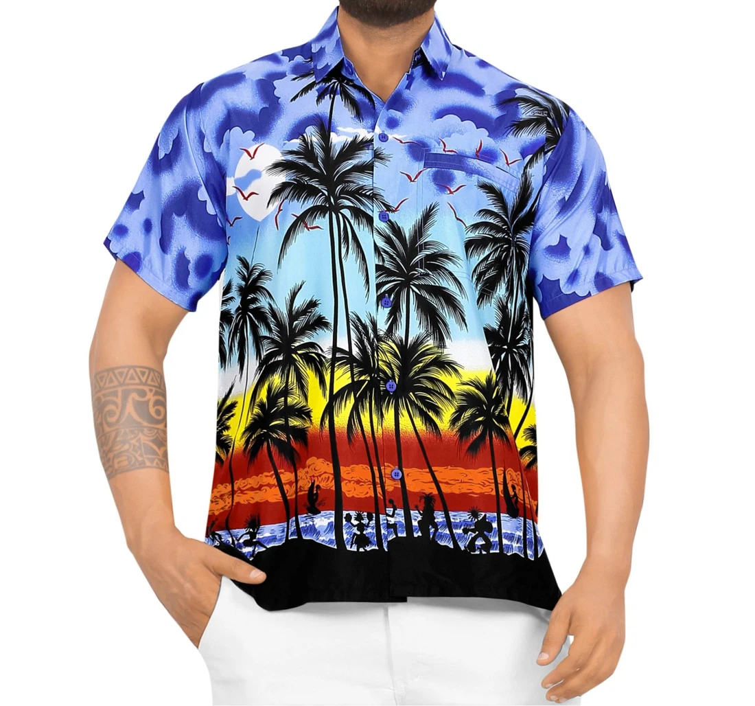 Personalized S Relaxed Fit Beach Front Pocket Palm Tree Blue Hawaiian Shirt, Button Up Aloha Shirt For Men, Women