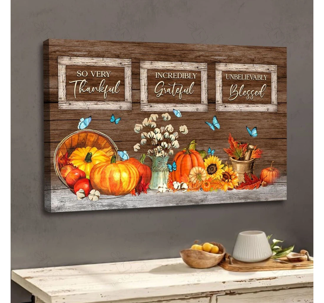 Poster, Canvas - Thankful Grateful Blessed Pumpkin Thanksgiving Gallery Idea Print Framed Wall Art