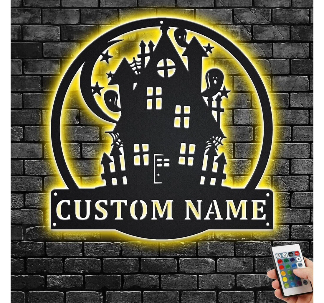 Personalized Metal Sign - Custom Haunted House With Or Without Led Lighting Light Personalized Halloween House Name Room Halloween Led MonoGram