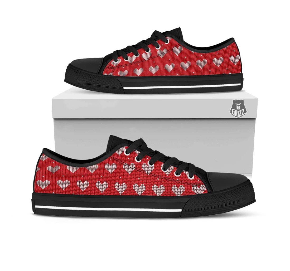 Knitted Valentine's Day Print Pattern Black Low Top Shoes