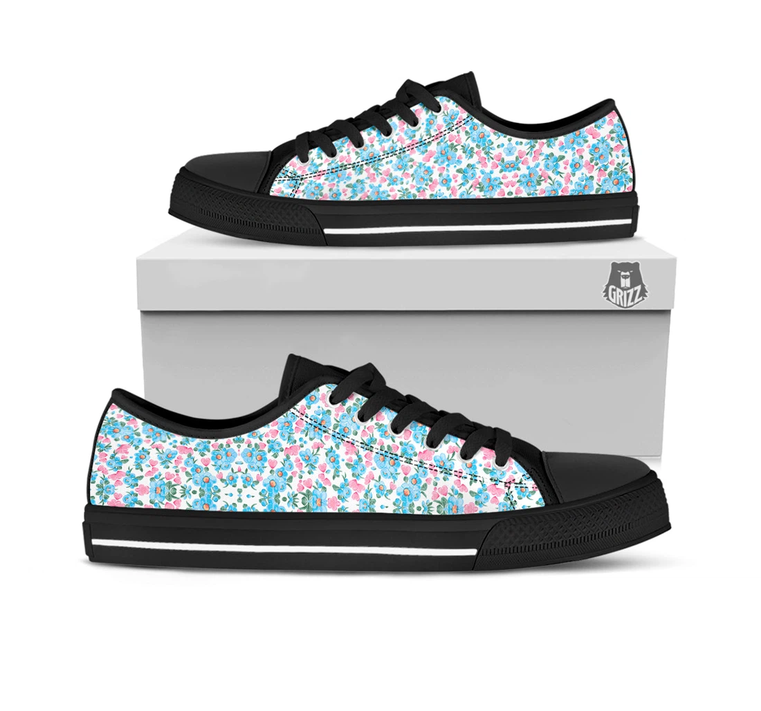 Heart And Flower Valentine's Day Print Pattern Black Low Top Shoes