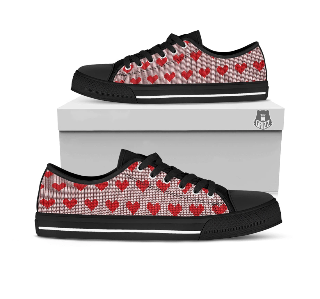 Heart Valentine's Day Print Pattern Black Low Top Shoes