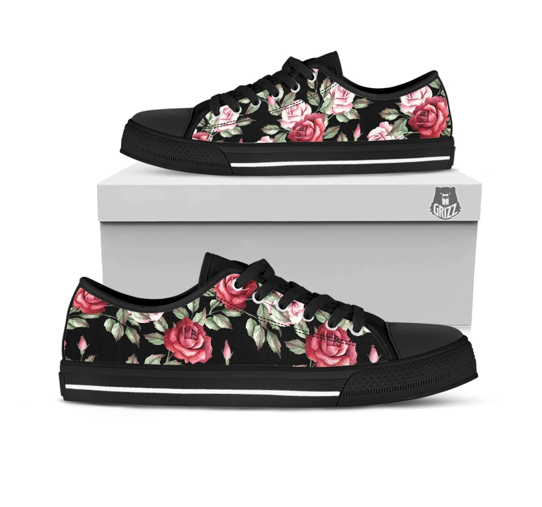 Rose Valentine's Day Print Pattern Black Low Top Shoes