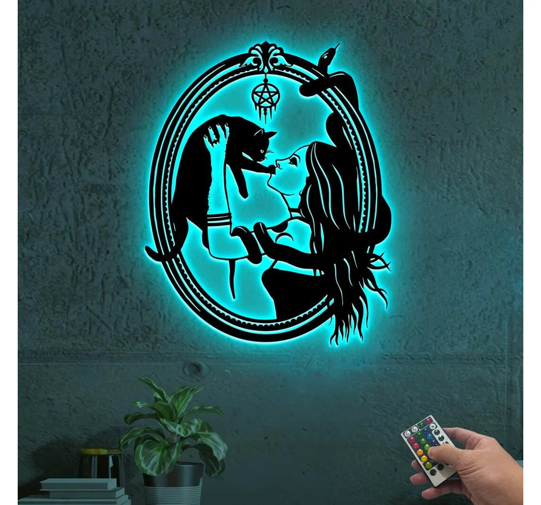 Personalized Metal Sign - Halloween Witch Cat Mirror With Colorful Led Lights Witch Halloween Cat Gothic Witches MonoGram