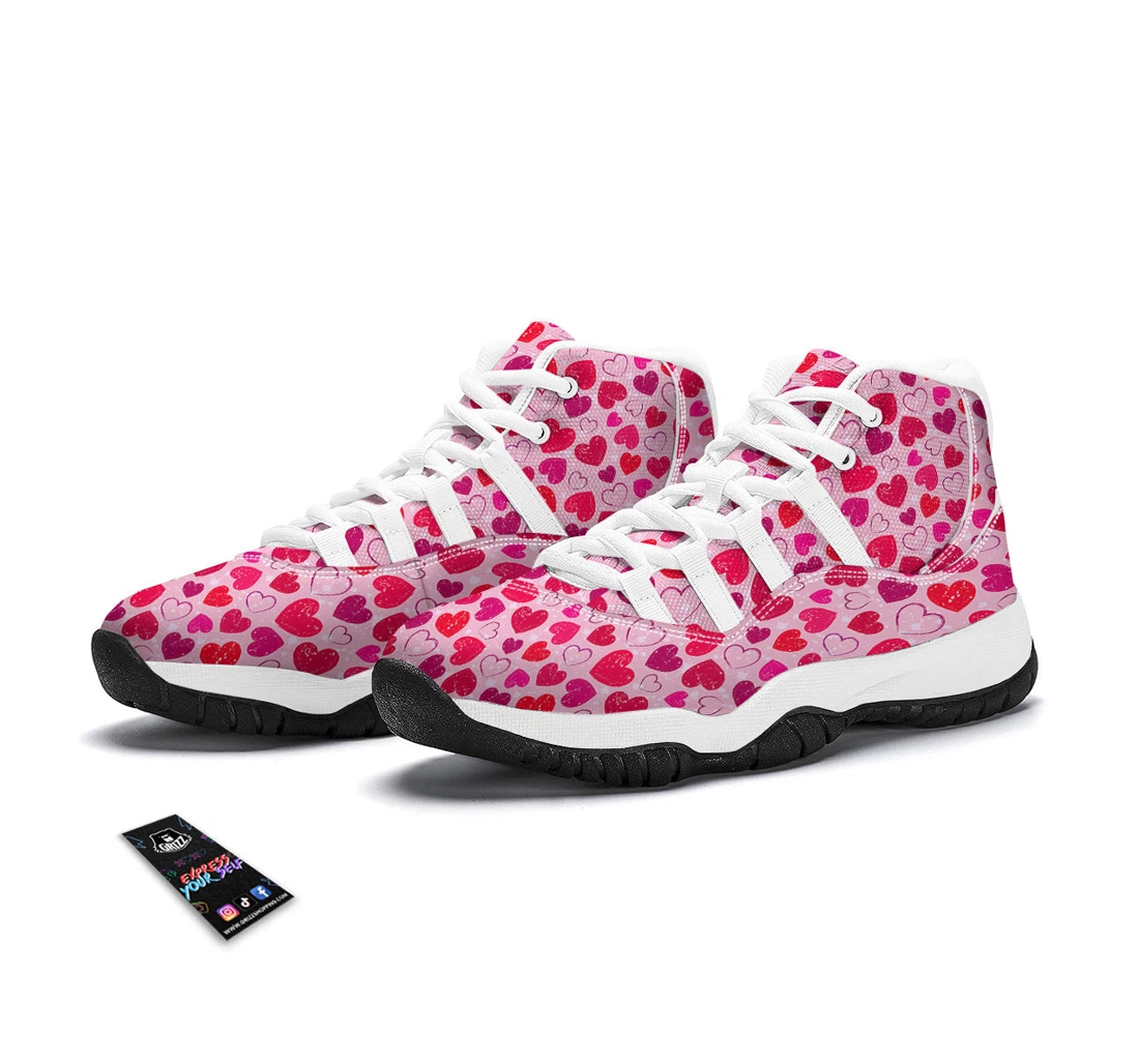 Valentine Pink Heart Print Pattern White Bball Shoes