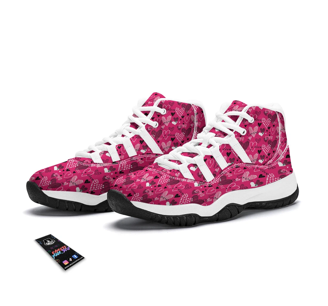 Pink Heart Valentine Print Pattern White Bball Shoes