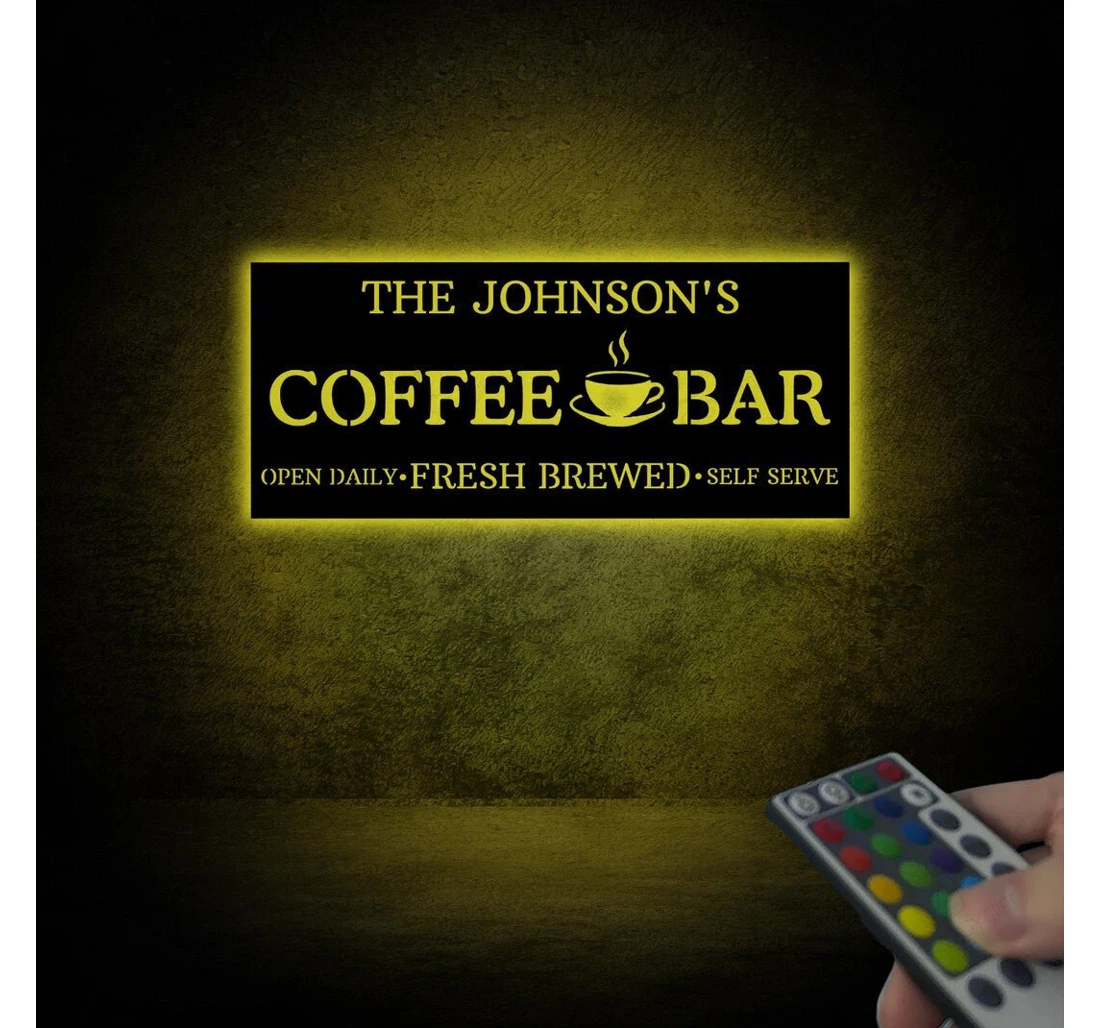 Personalized Metal Sign - Personalized Coffee Bar With Colorful Led Lights Coffee Bar Freshly Brewed Daily Custom Mother's Day MonoGram