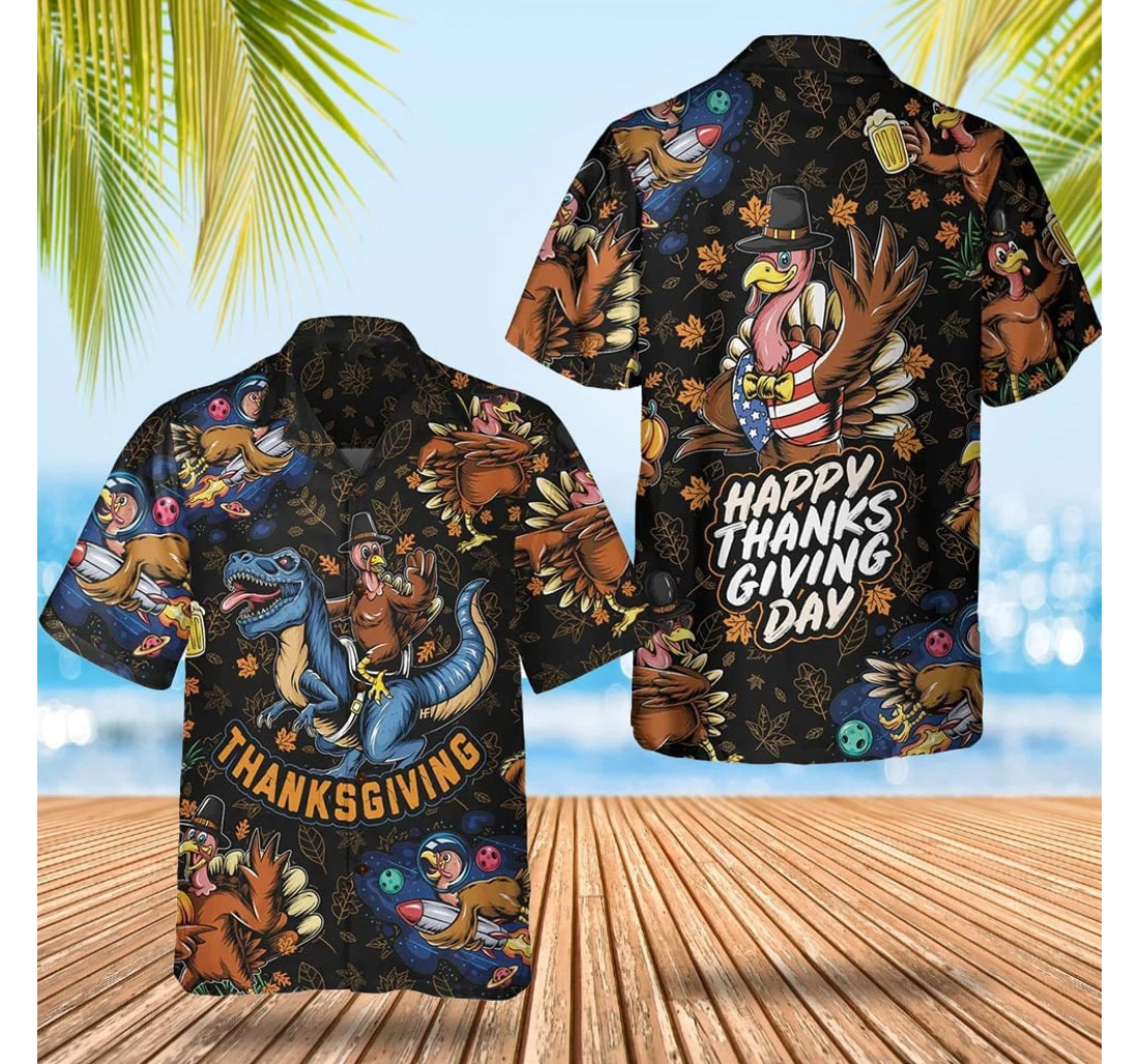 Personalized Turkey Riding Dinosaur Happy Thanksgiving Day Best Thanksgiving Clothing Hawaiian Shirt, Button Up Aloha Shirt For Men, Women