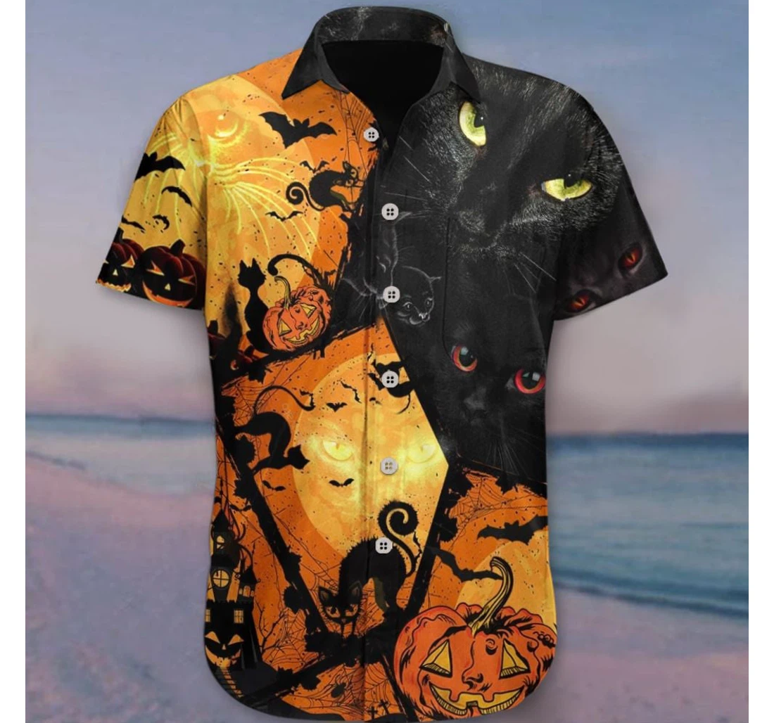 Personalized Black Cat Halloween Pumpkin Halloween Themed Costume Hawaiian Shirt, Button Up Aloha Shirt For Men, Women