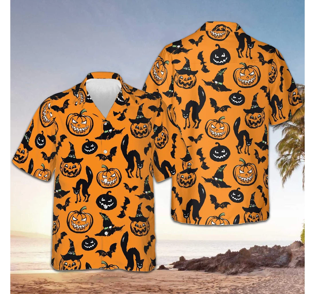 Personalized Black Cat Bat Pumpkin Halloween Themed Halloween Hawaiian Shirt, Button Up Aloha Shirt For Men, Women