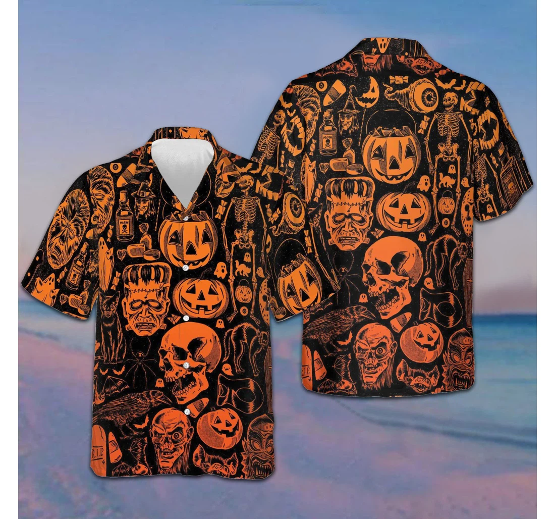 Personalized Scary Halloween Monsters Halloween Gift Ideas Friends Hawaiian Shirt, Button Up Aloha Shirt For Men, Women