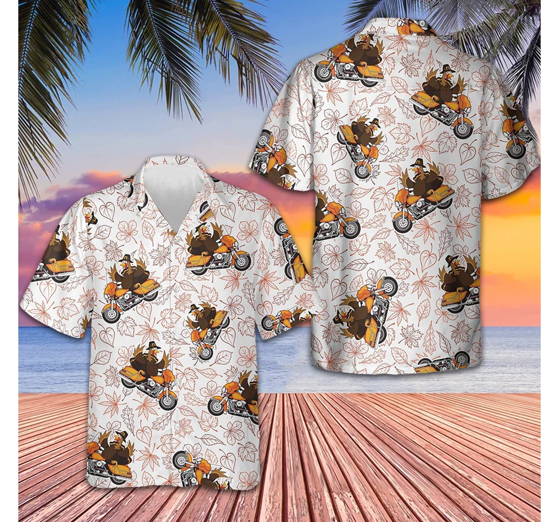 Personalized Thanksgiving Turkey Riding Motorcycle Funny Turkey Gifts Thanksgiving Hawaiian Shirt, Button Up Aloha Shirt For Men, Women