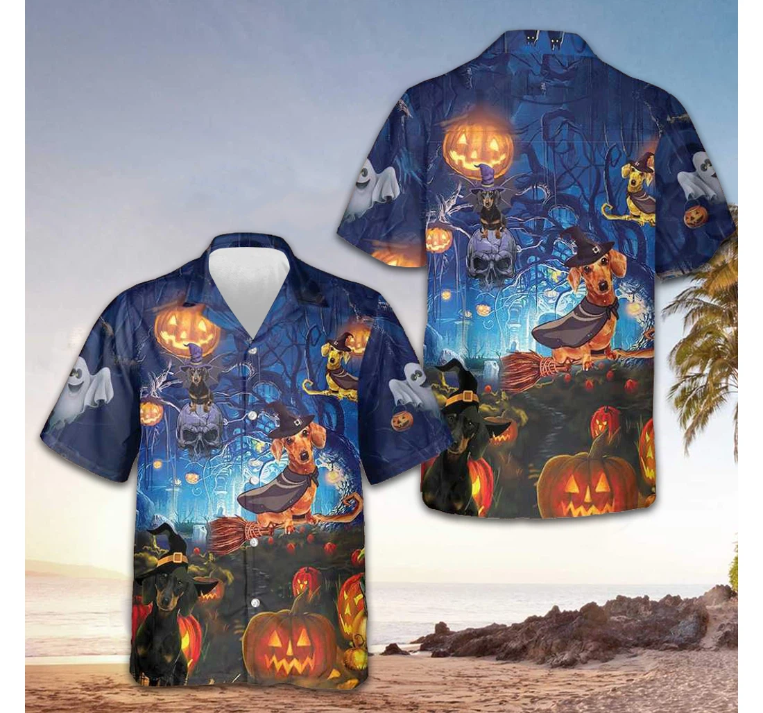 Personalized Dachshund The Witch Halloween Funny Dog Halloween Hawaiian Shirt, Button Up Aloha Shirt For Men, Women