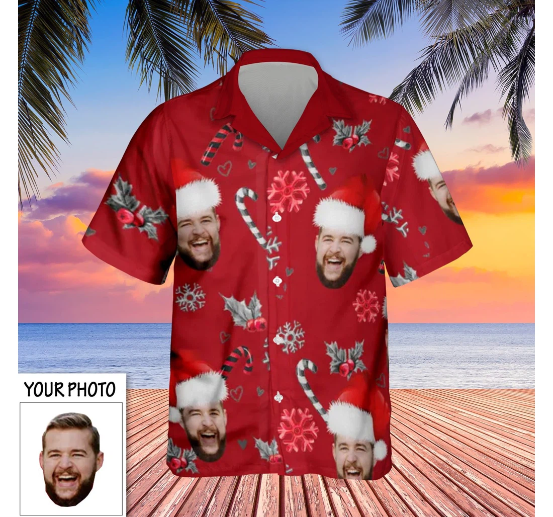 Personalized Custom Face Candy And Canes Christmas Personalized Gifts Him Hawaiian Shirt, Button Up Aloha Shirt For Men, Women